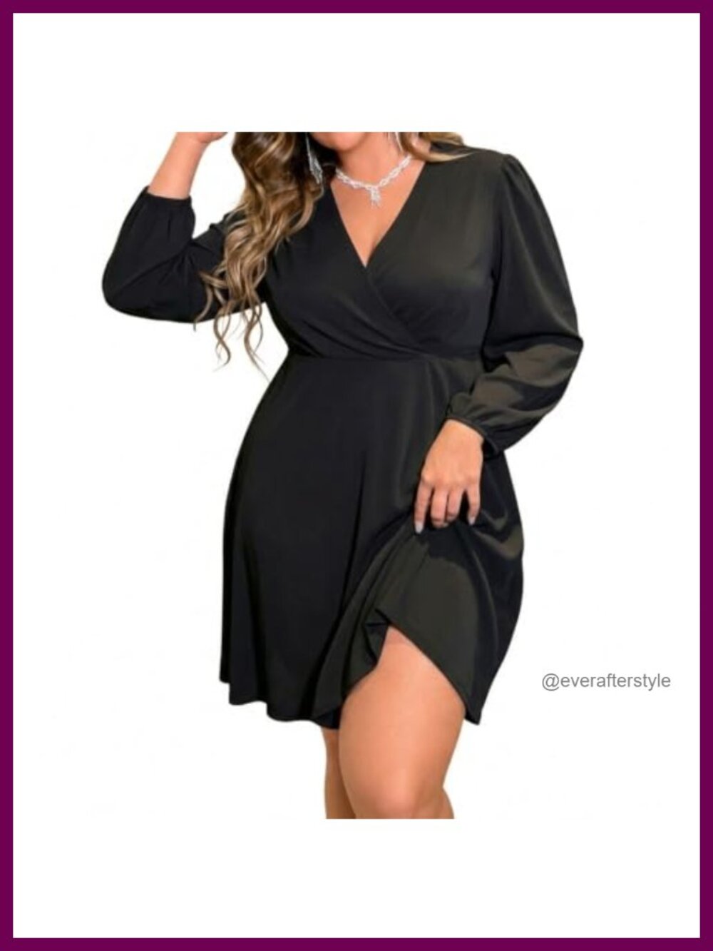 Plus Size Midi Cocktail Dress Long Sleeve Wedding Guest Dress V-Neck